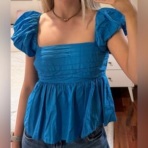 Abercrombie & Fitch Teal-Blue Puff Sleeve Smocked Top